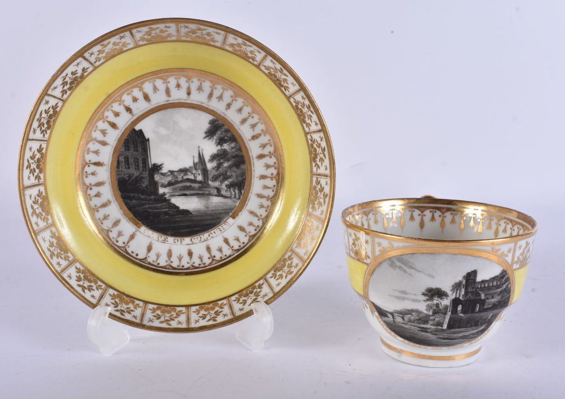 AN EARLY 19TH CENTURY CHAMBERLAINS WORCESTER CUP AND SAUCER painted with European views. 13 cm diame (1 of 5)
