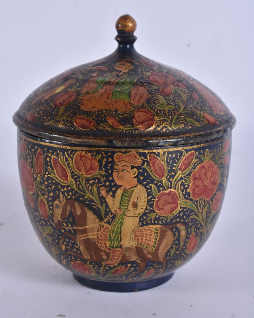 A 19TH CENTURY PERSIAN ISLAMIC QAJAR LACQUERED BOX AND COVER painted with figures and foliage. 12 cm (1 of 5)
