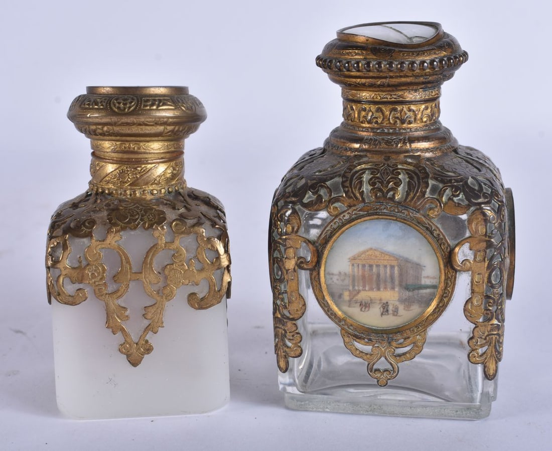 TWO ANTIQUE FRENCH PALAIS ROYALE GLASS SCENT BOTTLES. Largest 9 cm high. (2) (1 of 5)