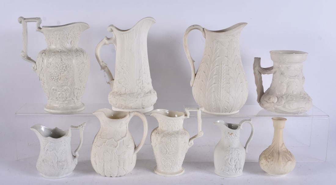 ASSORTED 19TH CENTURY PARIAN WARE BISQUE PORCELAIN JUGS etc. Largest 23 cm high. (9) (1 of 8)