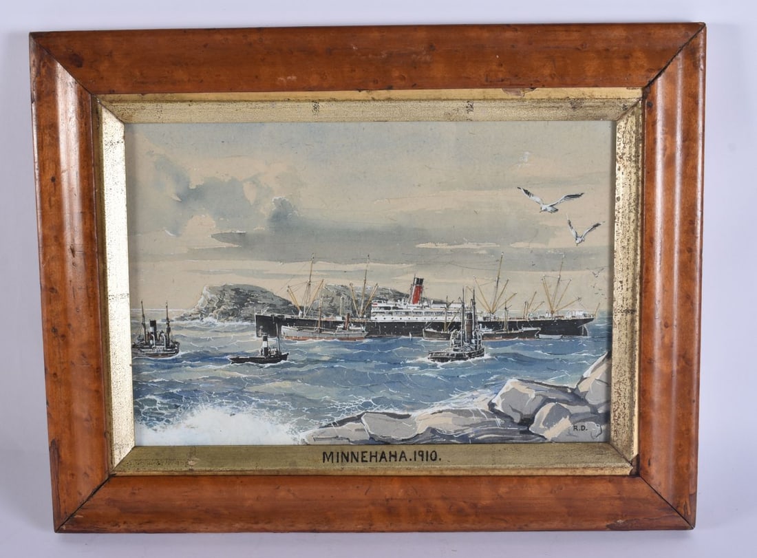 AN EARLY 20TH CENTURY MARITIME INTEREST WATERCOLOUR SS MINNEHAHA on the isles of Scilly C1910, torpe: AN EARLY 20TH CENTURY MARITIME INTEREST WATERCOLOUR SS MINNEHAHA on the isles of Scilly C1910, torpedoed by a u boat C1917. 42 cm x 32 cm. Note: The ship was being used to ferry munitions to Britain f