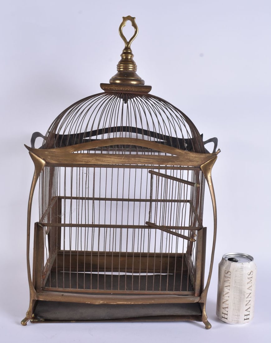 A RARE ANTIQUE ART NOUVEAU BRASS BIRD CAGE. 48 cm x 22 cm. (1 of 4)