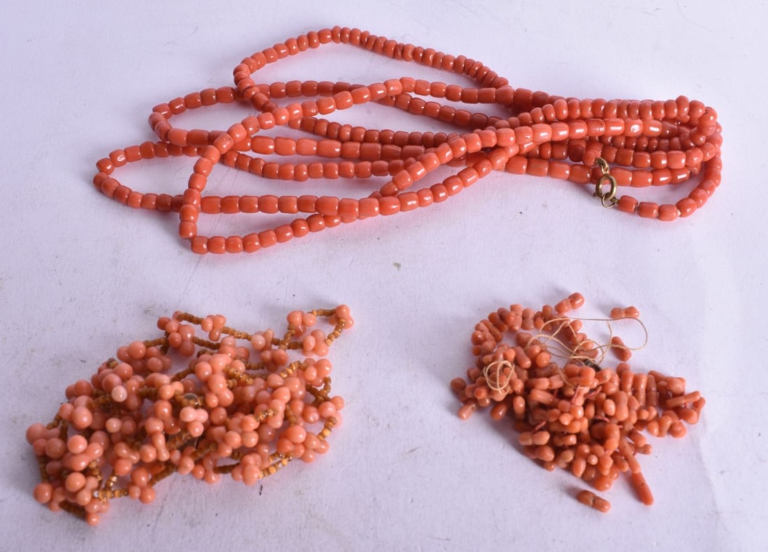ANTIQUE CORAL NECKLACES. 115.9 grams. Largest 146 cm long. (qty) (1 of 4)