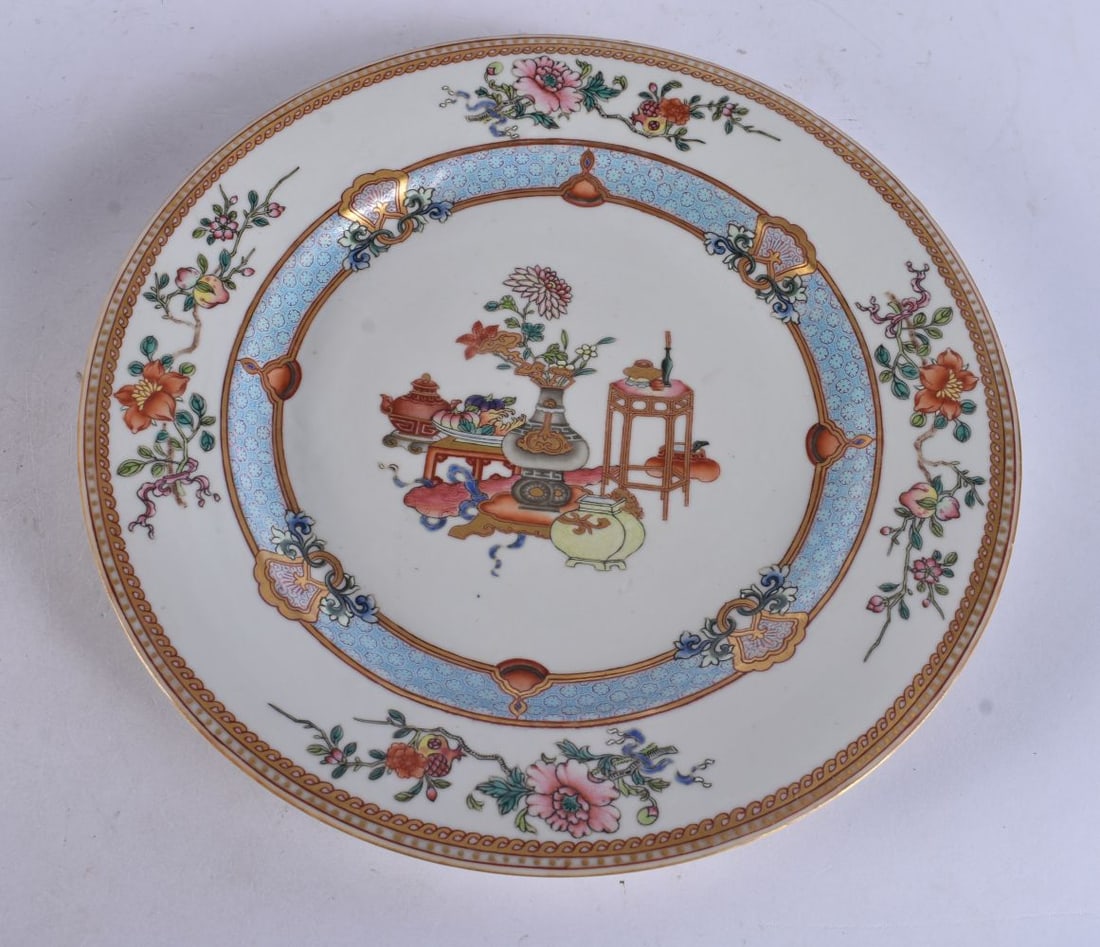 A CHINESE FAMILLE ROSE PORCELAIN PLATE painted with precious objects. 24 cm diameter. (1 of 5)