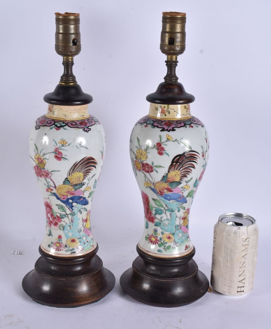A PAIR OF 18TH CENTURY CHINESE EXPORT FAMILLE ROSE PORCELAIN LAMPS Qianlong. 39 cm high.: A PAIR OF 18TH CENTURY CHINESE EXPORT FAMILLE ROSE PORCELAIN LAMPS Qianlong. 39 cm high.