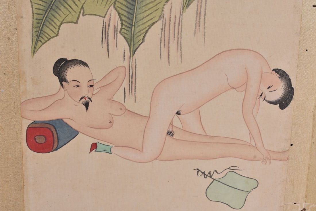 A CHINESE EROTIC BOOK modelled depicting local thespian deep stick 'donny', showing potential female: A CHINESE EROTIC BOOK modelled depicting local thespian deep stick 'donny', showing potential female suitors, acts he has performed in a previous life with suitable male candidates. Each page 50 cm x 