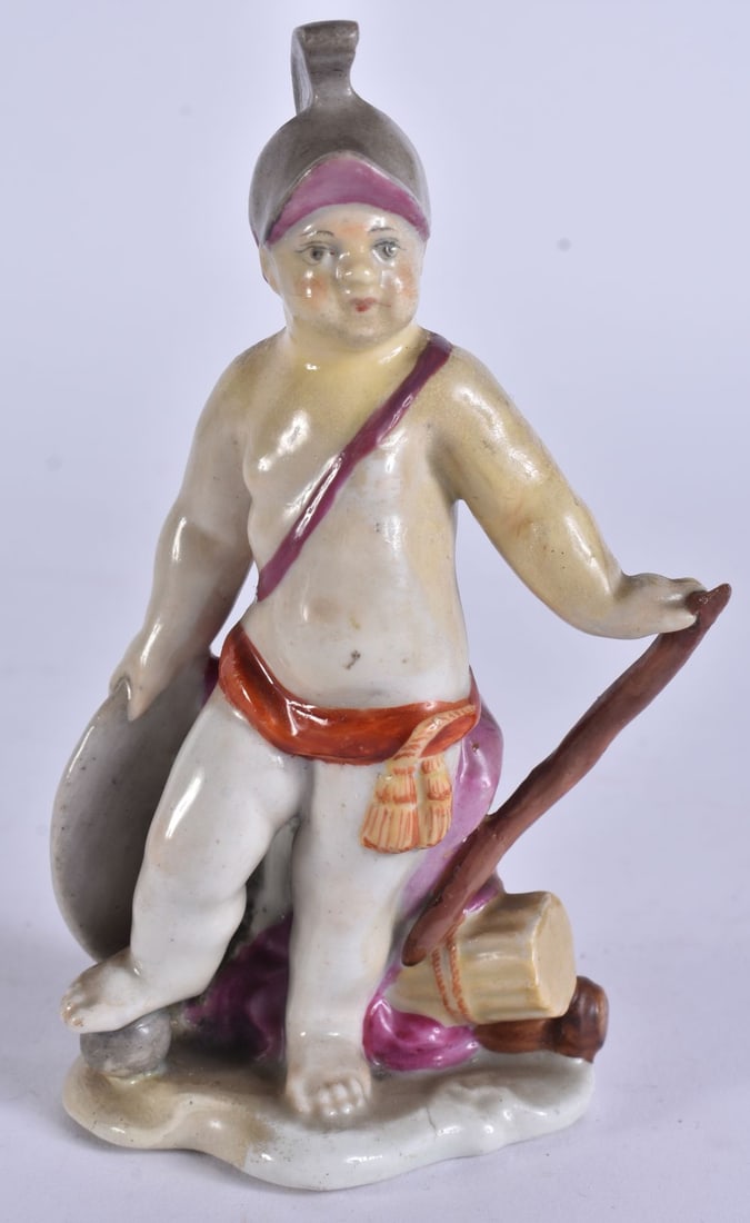 AN UNUSUAL 18TH CENTURY PORCELAIN FIGURE OF A YOUNG SOLIDER modelled holding a shield. 13 cm high.: AN UNUSUAL 18TH CENTURY PORCELAIN FIGURE OF A YOUNG SOLIDER modelled holding a shield. 13 cm high.