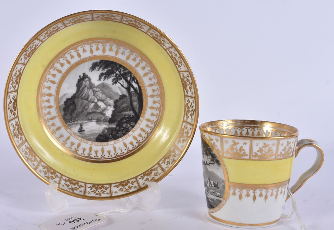 AN EARLY 19TH CENTURY CHAMBERLAINS WORCESTER CUP AND SAUCER Ex Bonhams, finely painted in en grisail (1 of 7)