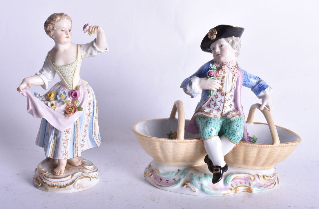 TWO MEISSEN PORCELAIN FIGURES. Largest 13 cm wide. (2) (1 of 5)