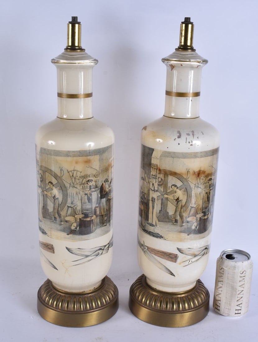 A LARGE PAIR OF ANTIQUE DECLOMANIA STYLE GLASS LAMPS. 50 cm high.: A LARGE PAIR OF ANTIQUE DECLOMANIA STYLE GLASS LAMPS. 50 cm high.