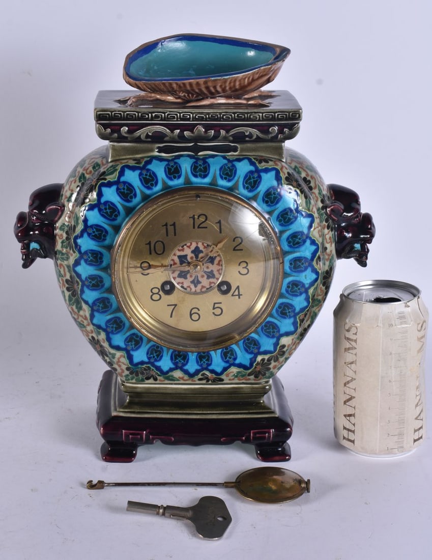 A 19TH CENTURY FRENCH BORDEAUX MAJOLICA AESTHETIC MOVEMENT POTTERY CLOCK in the manner of Theodore D: A 19TH CENTURY FRENCH BORDEAUX MAJOLICA AESTHETIC MOVEMENT POTTERY CLOCK in the manner of Theodore Deck. 30 cm x 18 cm.