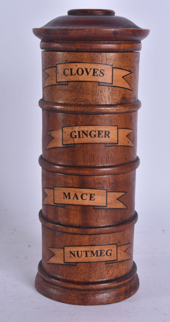 A TREEN WOOD SPICE TOWER. 19 cm high. (1 of 4)