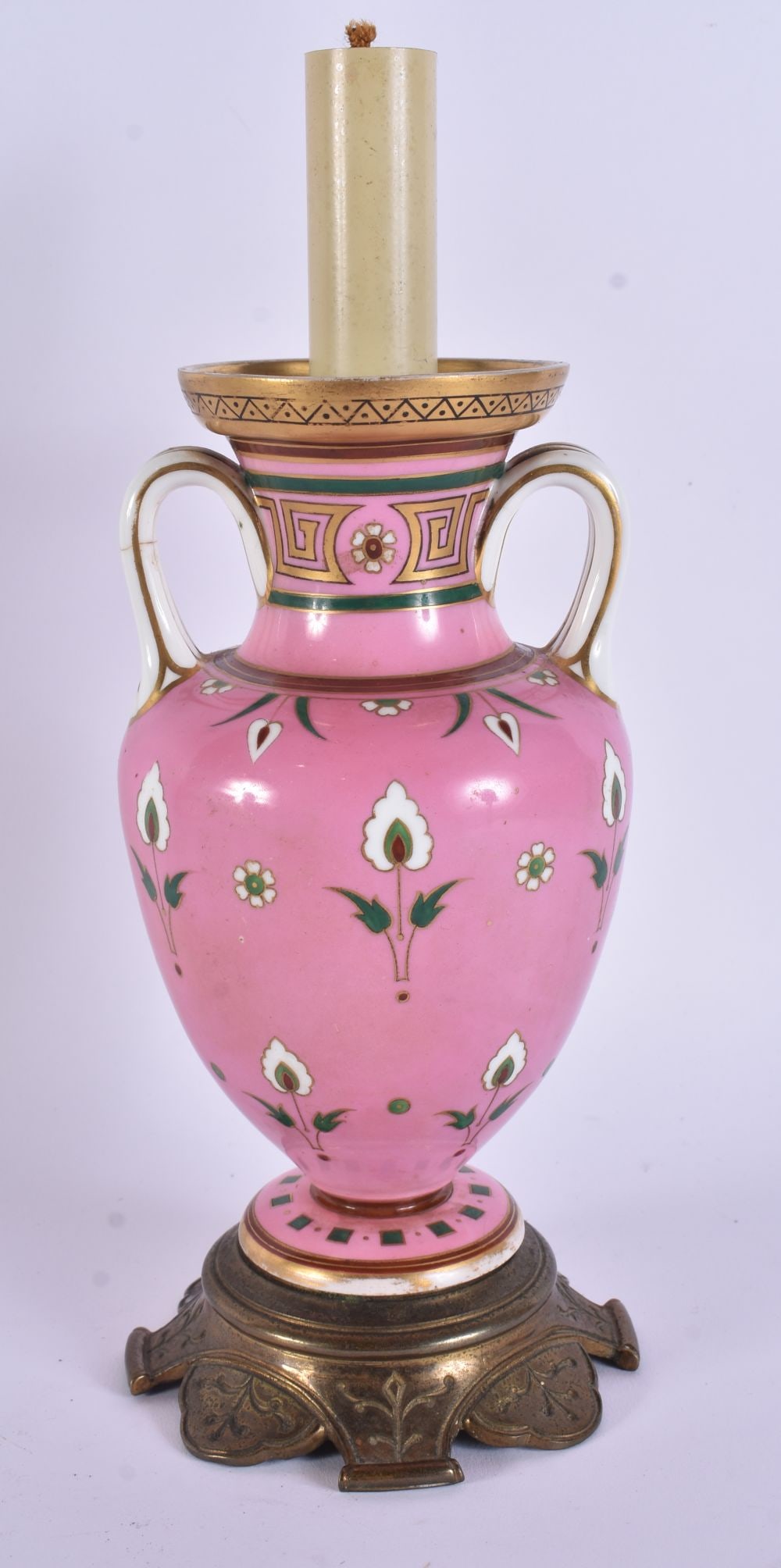 AN ANTIQUE ENGLISH PORCELAIN COUNTRY HOUSE LAMP possibly a Christopher Dresser design. 26 cm high.: AN ANTIQUE ENGLISH PORCELAIN COUNTRY HOUSE LAMP possibly a Christopher Dresser design. 26 cm high.