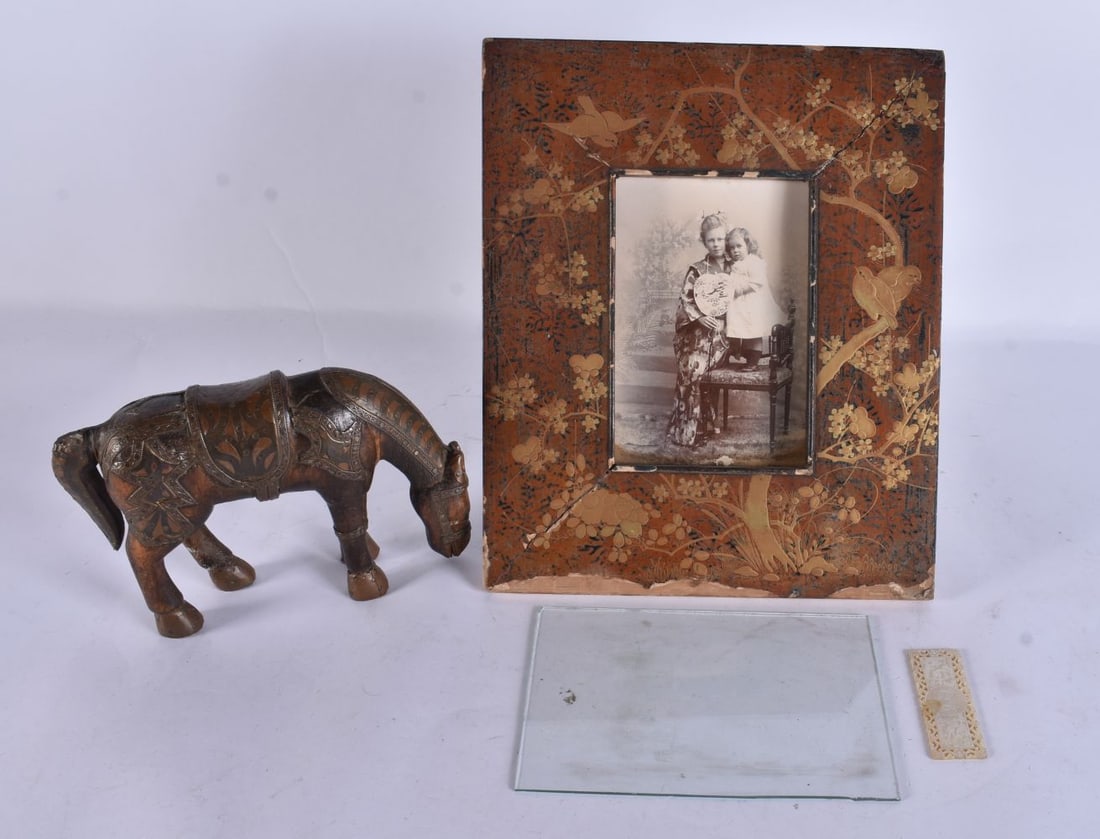 A LATE 19TH CENTURY JAPANESE MEIJI PERIOD LACQUERED PHOTOGRAPH FRAME together with an Indian horse a: A LATE 19TH CENTURY JAPANESE MEIJI PERIOD LACQUERED PHOTOGRAPH FRAME together with an Indian horse and a mother of pearl counter. (3)