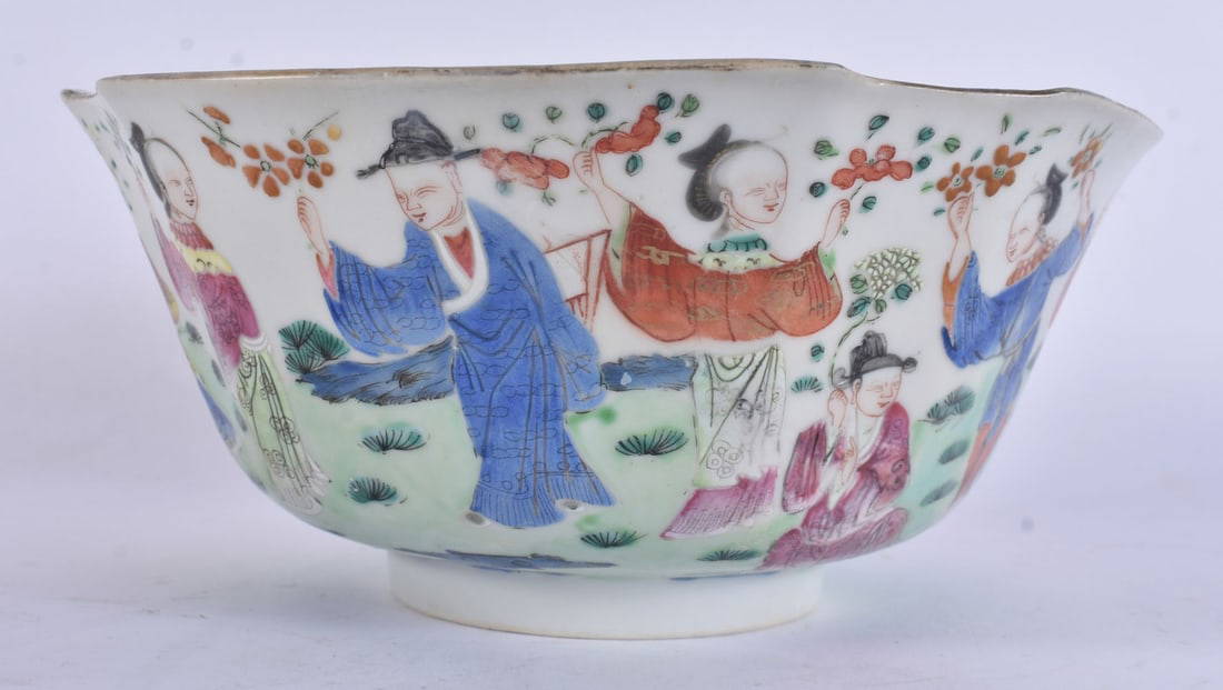 A 19TH CENTURY CHINESE FAMILLE ROSE PORCELAIN IMMORTALS BOWL Daoguang mark and period. 19 cm wide.