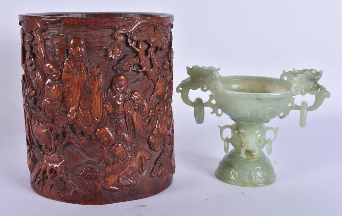 A 19TH CENTURY CHINESE CARVED BAMBOO BITONG BRUSH POT together with a jade censer. Largest 16 cm x 1: A 19TH CENTURY CHINESE CARVED BAMBOO BITONG BRUSH POT together with a jade censer. Largest 16 cm x 14 cm. (2)