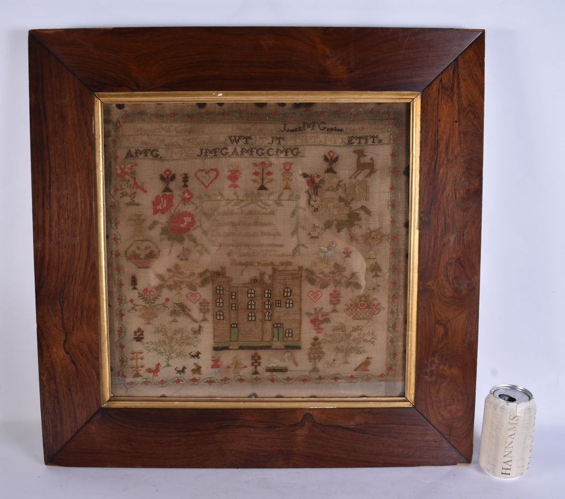 A LARGE MID 19TH CENTURY FRAMED AND EMBROIDERED SAMPLER C1843, decorated with houses and animals. 58 (1 of 7)