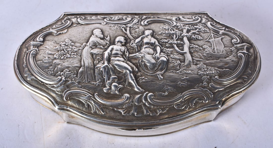 A Continental Silver Jewellery Box with Embossed Forest Scent on Lid. Dutch Marks. 7.9cm x 2.8cm x 1 (1 of 3)
