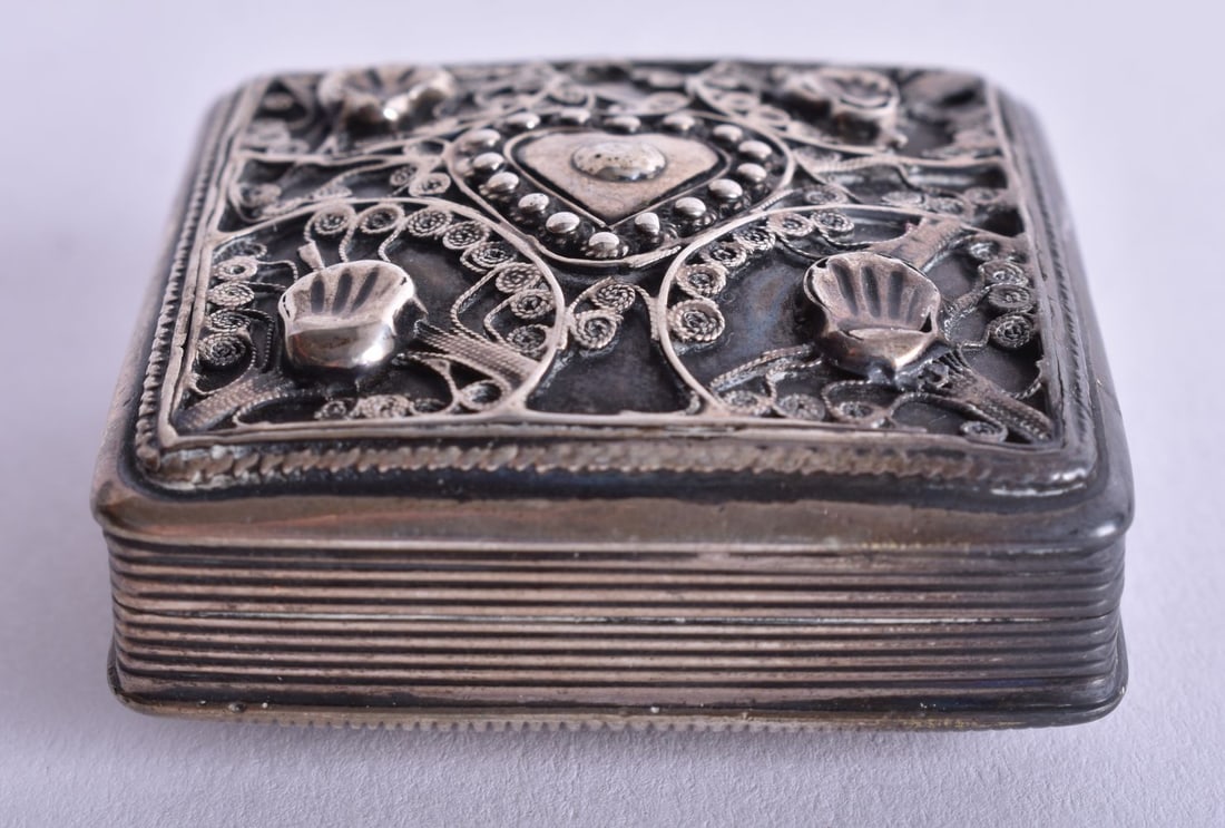 A Continental Silver Snuff Box with Embossed Decoration. Dutch Marks. 4.7cm x 4.7cm x 2.2cm, weight (1 of 4)