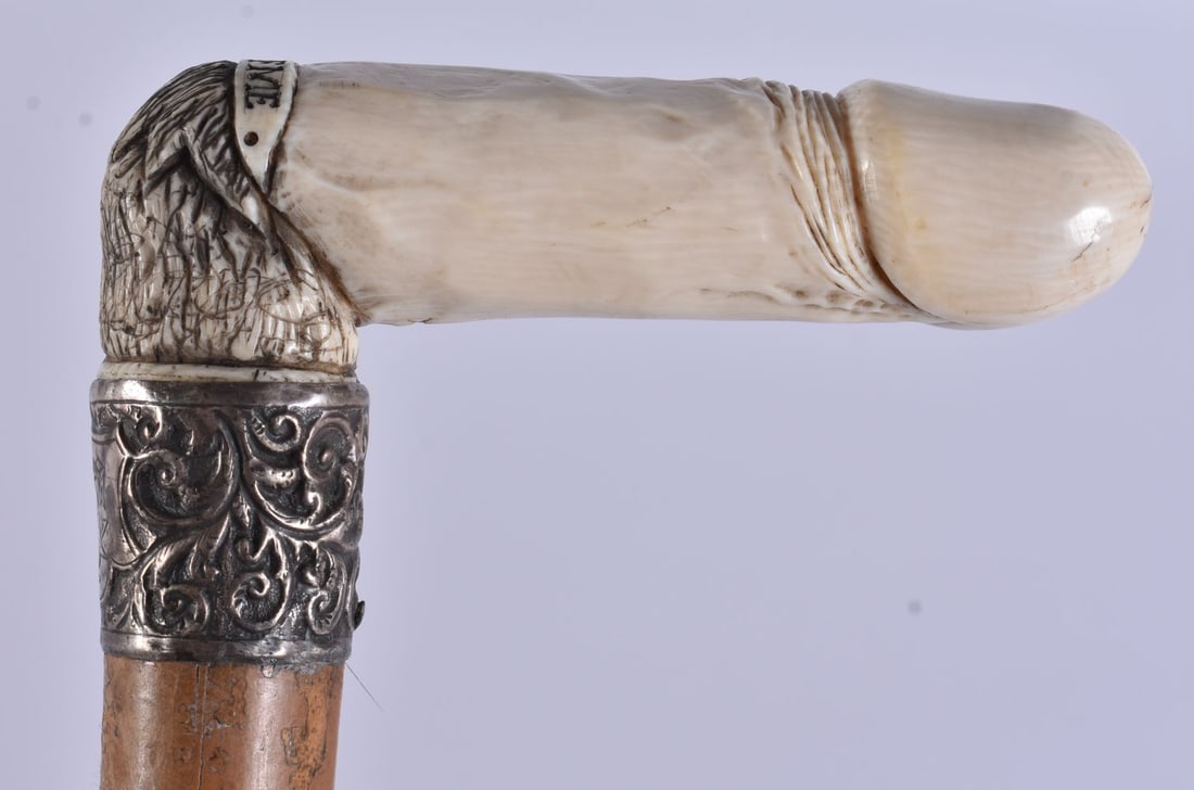 A RARE EARLY VICTORIAN EROTIC PHALLUS 'THINK OF ME' WALKING CANE with silver mounts. 88 cm long.: A RARE EARLY VICTORIAN EROTIC PHALLUS 'THINK OF ME' WALKING CANE with silver mounts. 88 cm long.