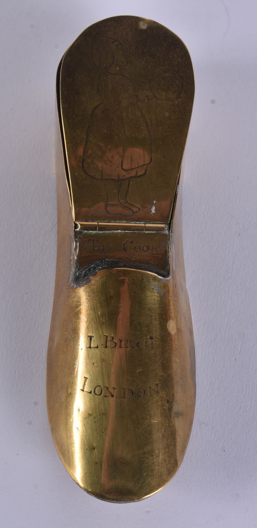 A RARE GEORGE III BRASS 'THE COOK' L BIRCH LONDON SNUFF BOX. 12.5 cm wide. (1 of 6)