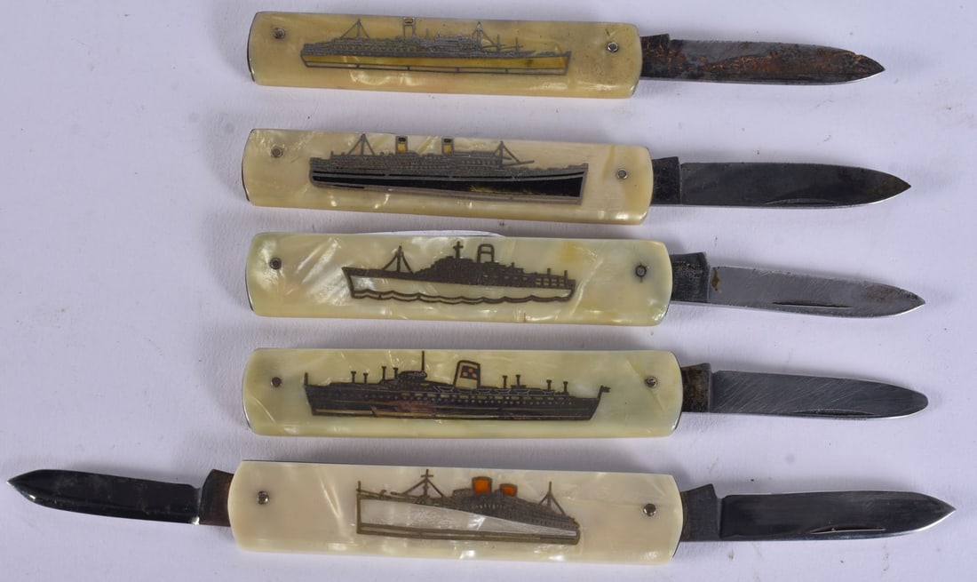 A SET OF FIVE RARE 1930S MARITIME INTEREST SILVER INLAID POCKET KNIFES. 16 cm long extended. (5) (1 of 2)