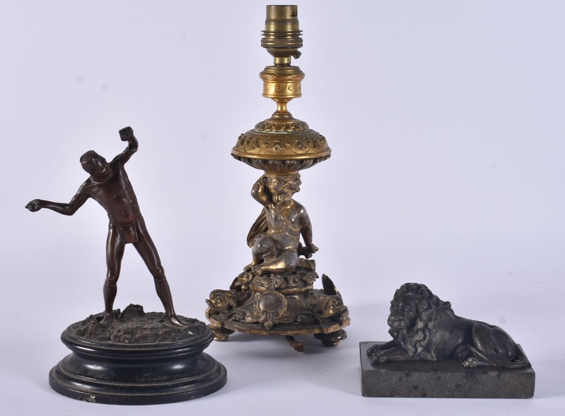 A 19TH CENTURY SILVERED BRONZE LAMP together with two figures. Largest 23 cm high. (3) (1 of 6)