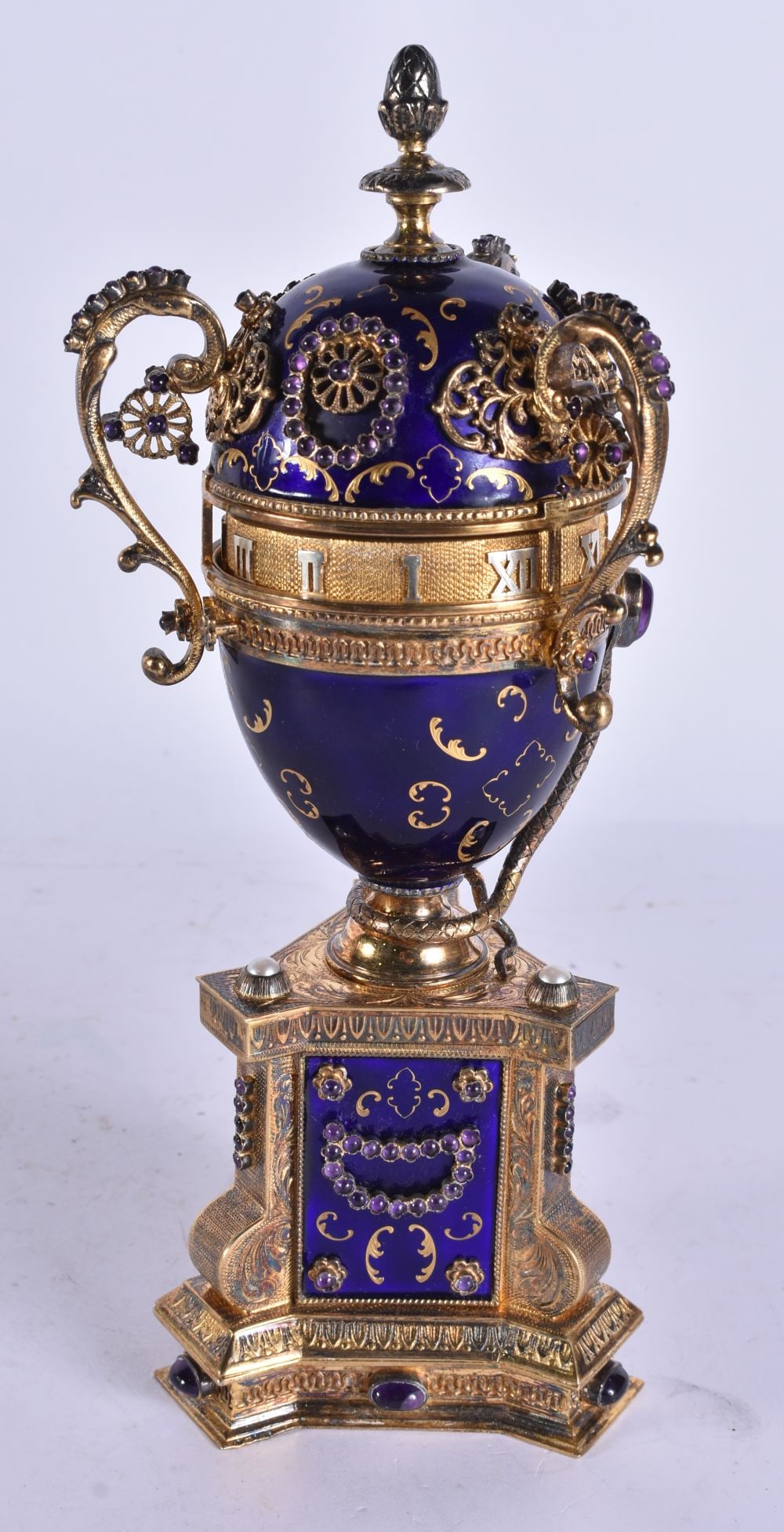 A FINE ANTIQUE AUSTRIAN HUNGARIAN SILVER GILT AND ENAMEL CLOCK inset with pearls and amethyst. 1022 (1 of 7)