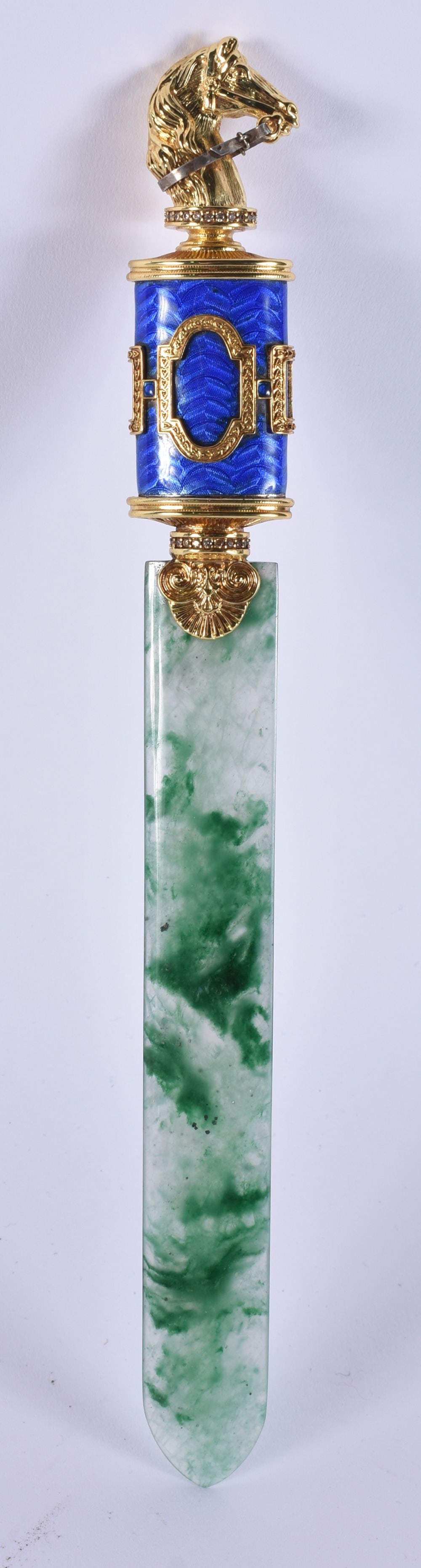 A CONTINENTAL SILVER ENAMEL AND JADE HORSE HEAD LETTER OPENER. 121 grams. 25.5 cm long. (1 of 4)