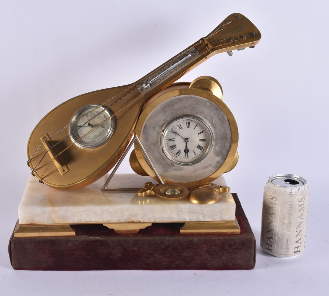 A RARE 19TH CENTURY FRENCH BRONZE AND SILVERED BRONZE INDUSTRIAL CLOCK formed as a guitar and tambou (1 of 7)
