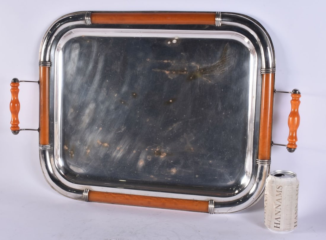 A 1950S SILVER PLATED TRAY with orange handles. 62 cm x 42 cm. (1 of 4)
