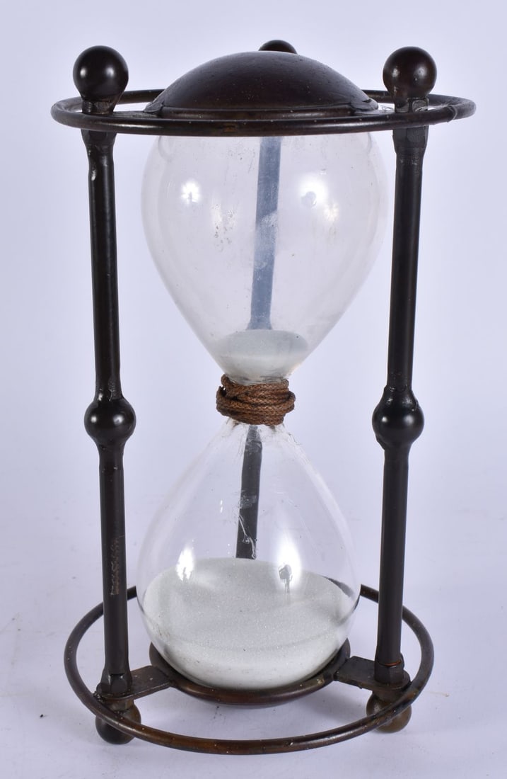 AN IRON HOUR GLASS SAND TIMER. 23 cm high. (1 of 4)