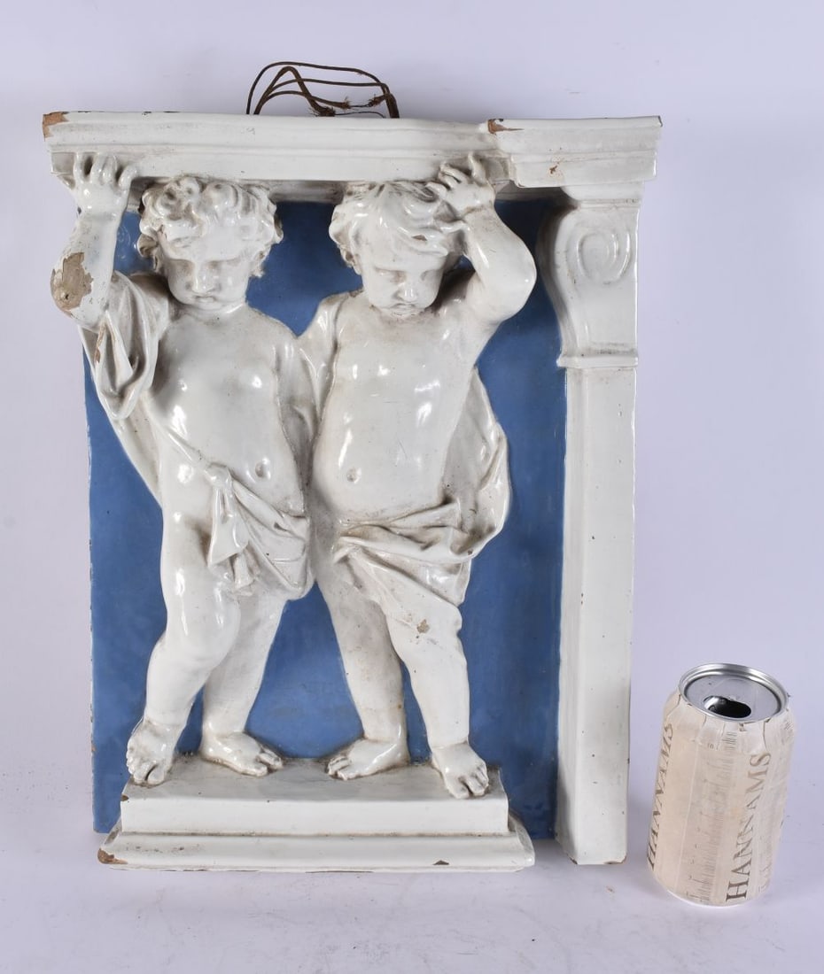 AN EARLY ITALIAN POTTERY RELIEF PANEL possibly Della Robia. 38 cm x 32 cm. (1 of 4)