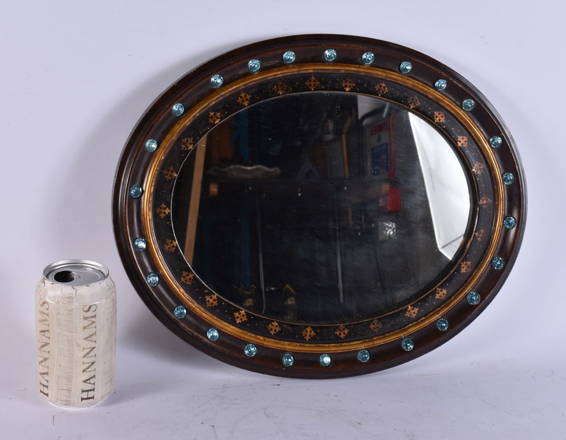 AN ANTIQUE GEM SET MAHOGANY MIRROR. 34 cm x 28 cm. (1 of 2)