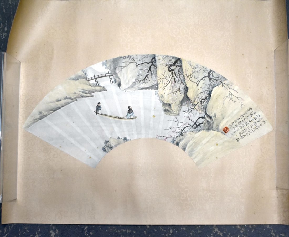 Attributed to Jin Cheng (1878-1926) Watercolour, Fan scroll, Figures on a boat. 64 cm x 48cm. (1 of 6)