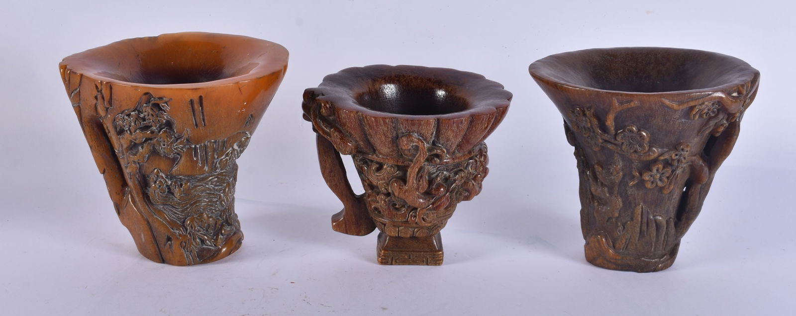 THREE CHINESE HORN TYPE LIBATION CUPS. 15 cm high. (3) (1 of 3)