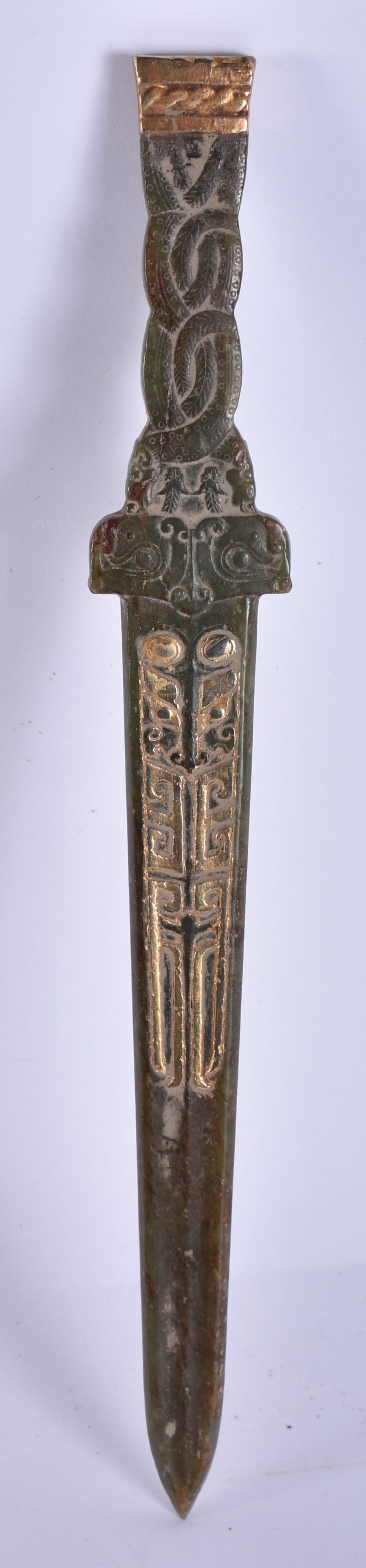 A CHINESE JADE LETTER OPENER. 99 grams. 27.5 cm long.: A CHINESE JADE LETTER OPENER. 99 grams. 27.5 cm long.