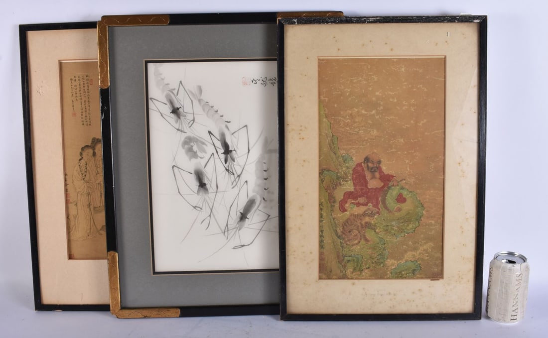 TWO CHINESE WATERCOLOURS together with another calligraphy picture. Largest 52 cm x 42 cm. (3) (1 of 12)