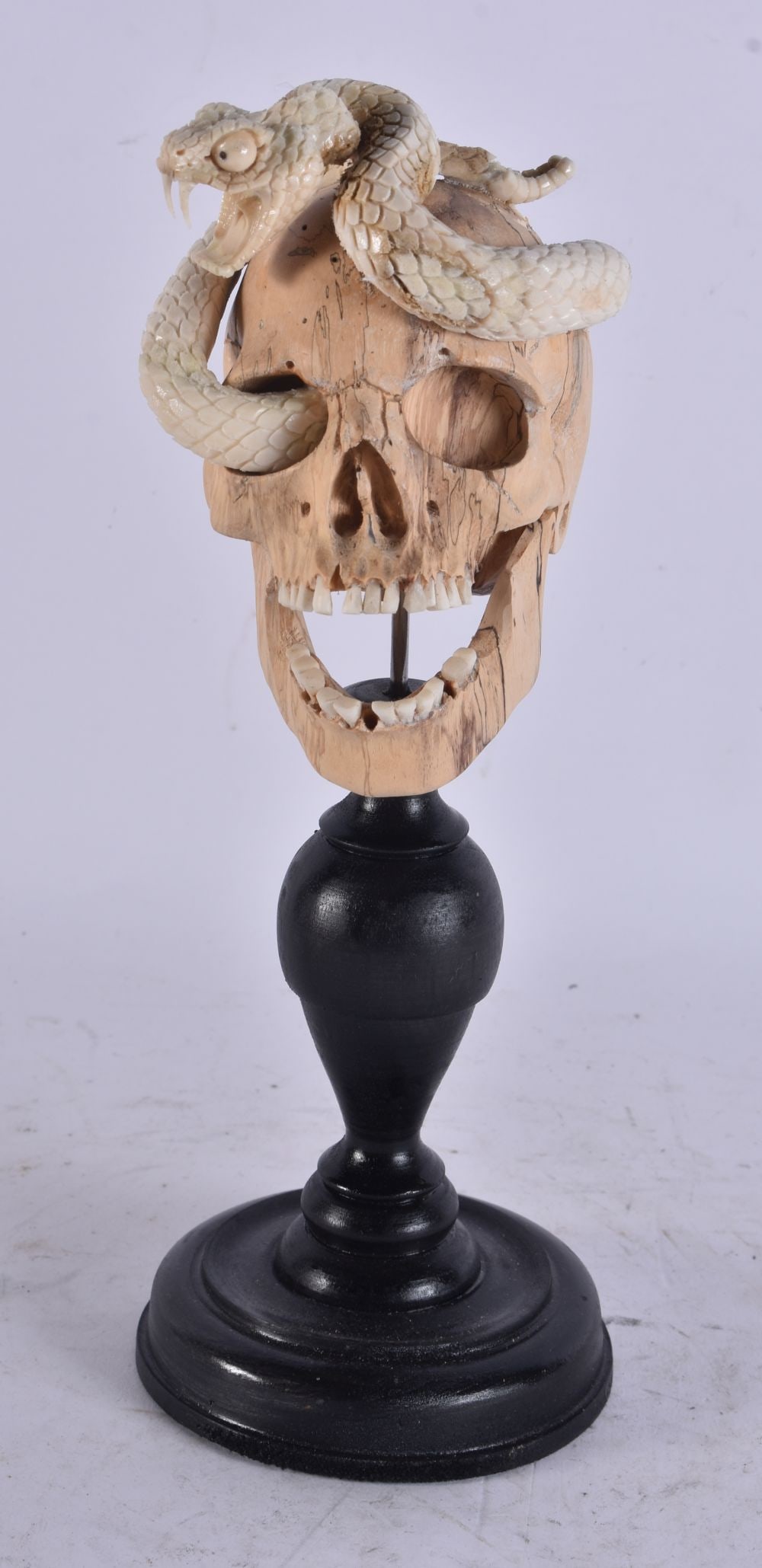 A LARGE CONTINENTAL CARVED WOOD AND STAG ANTLER MEMENTO MORI SKULL. 27 cm high. (1 of 3)