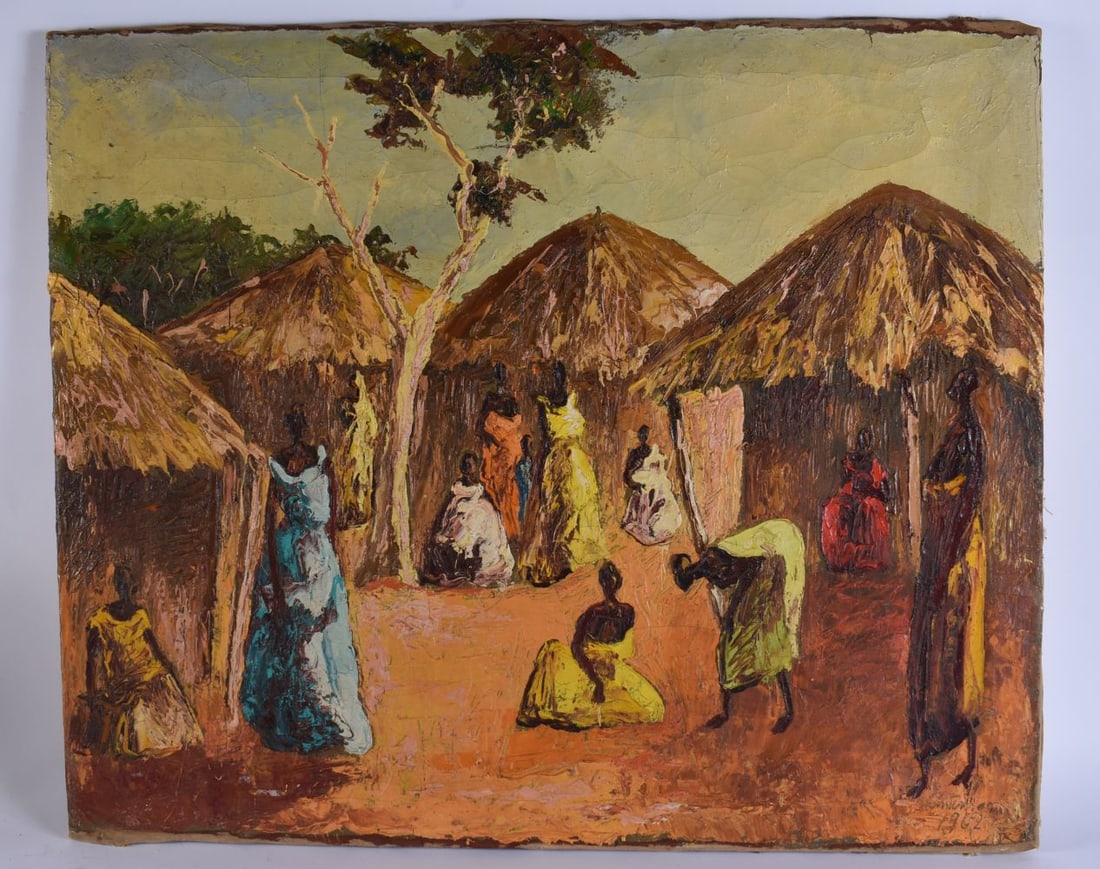 European School (C1960) Oil on canvas, African scene. 72 cm x 58 cm. (1 of 6)