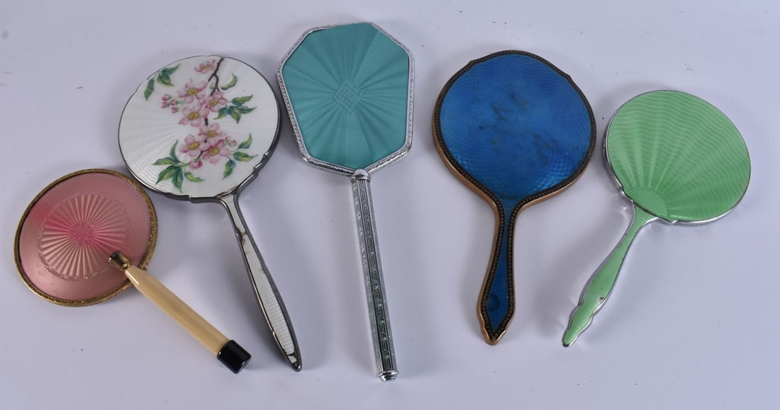 FIVE VINTAGE ENAMELLED VANITY MIRRORS. 34 cm long. (5) (1 of 4)