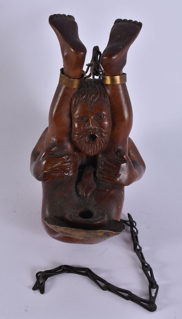 A RARE EARLY 20TH CENTURY EROTIC CARVED WOOD TREEN HANGING OIL BURNER. 15 cm x 8 cm. (1 of 6)