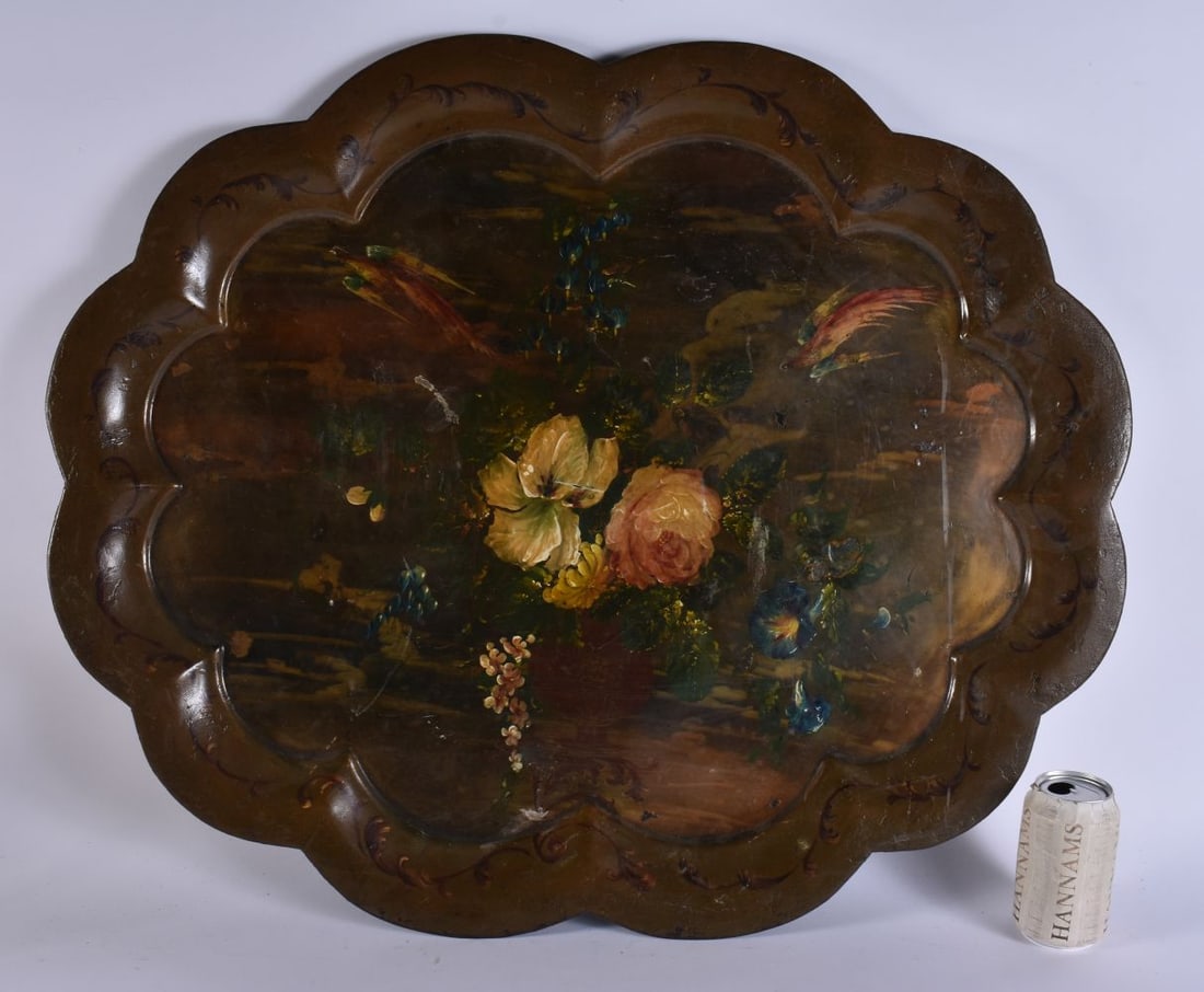 A LARGE VICTORIAN PAINTED TOLEWARE TRAY. 78 cm x 58 cm. (1 of 4)