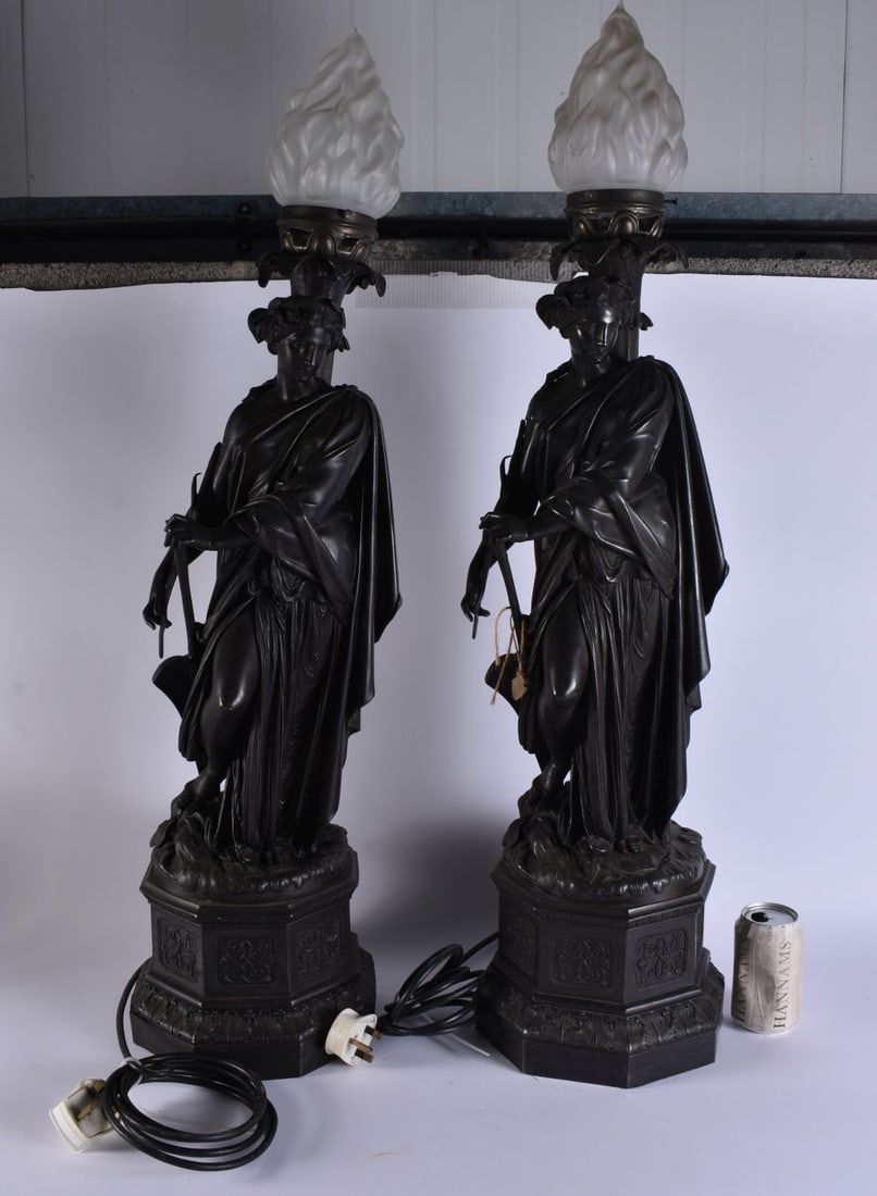 A LOVELY LARGE PAIR OF VICTORIAN COUNTRY HOUSE SPELTER LAMPS formed as classical figures upon pedest (1 of 6)
