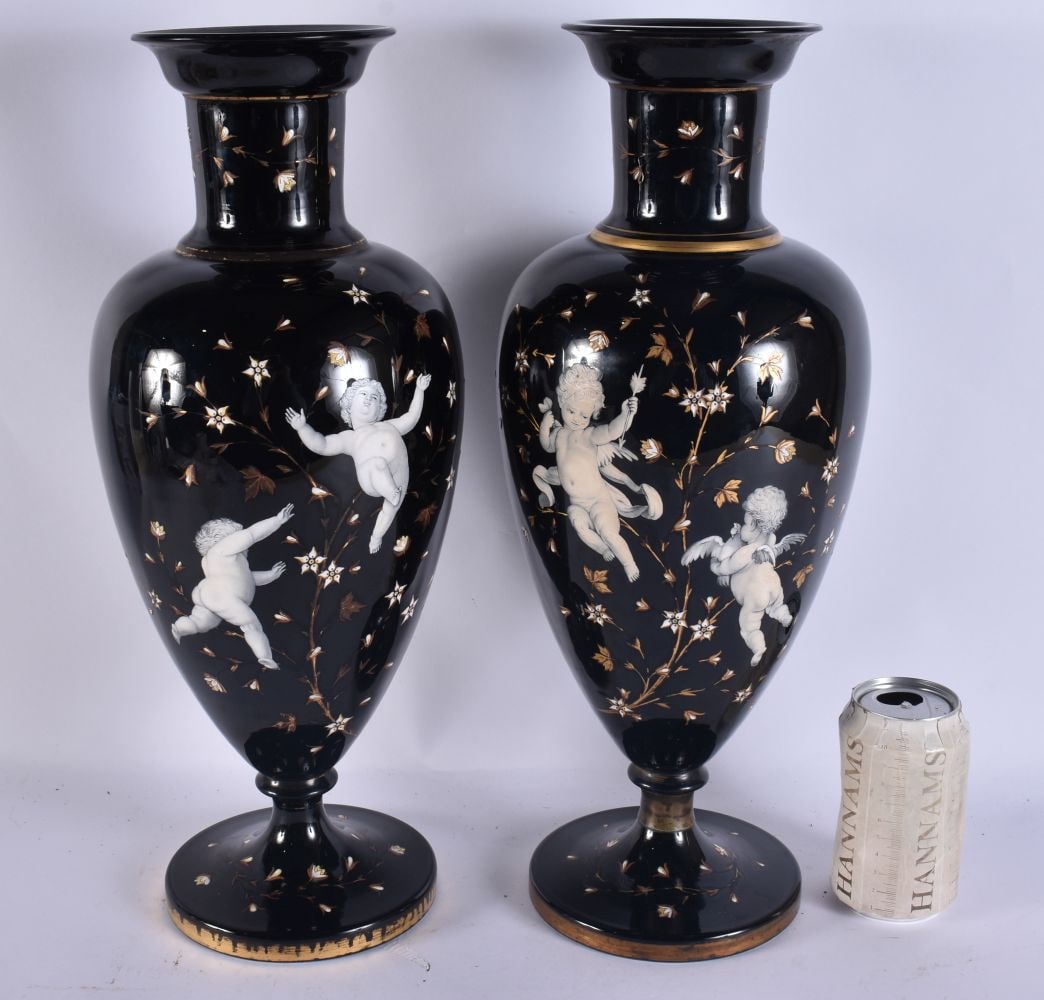 A FINE AND LARGE PAIR OF ANTIQUE PATE SUR PATE ENAMELLED VASES painted with putti and foliage. 44 cm (1 of 6)