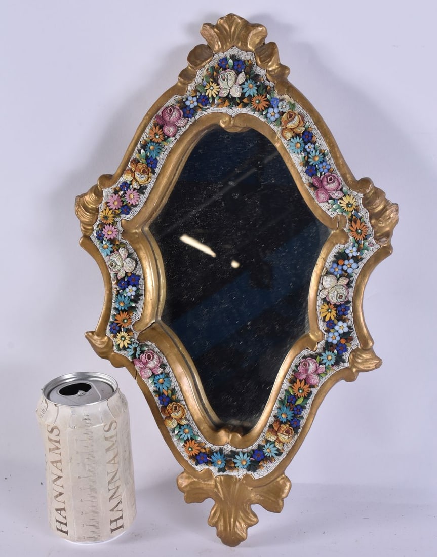 AN UNUSUAL LARGE 19TH CENTURY MICRO MOSAIC FLORAL GILTWOOD MIRROR decorated with flowers. 38 cm x 18 (1 of 4)