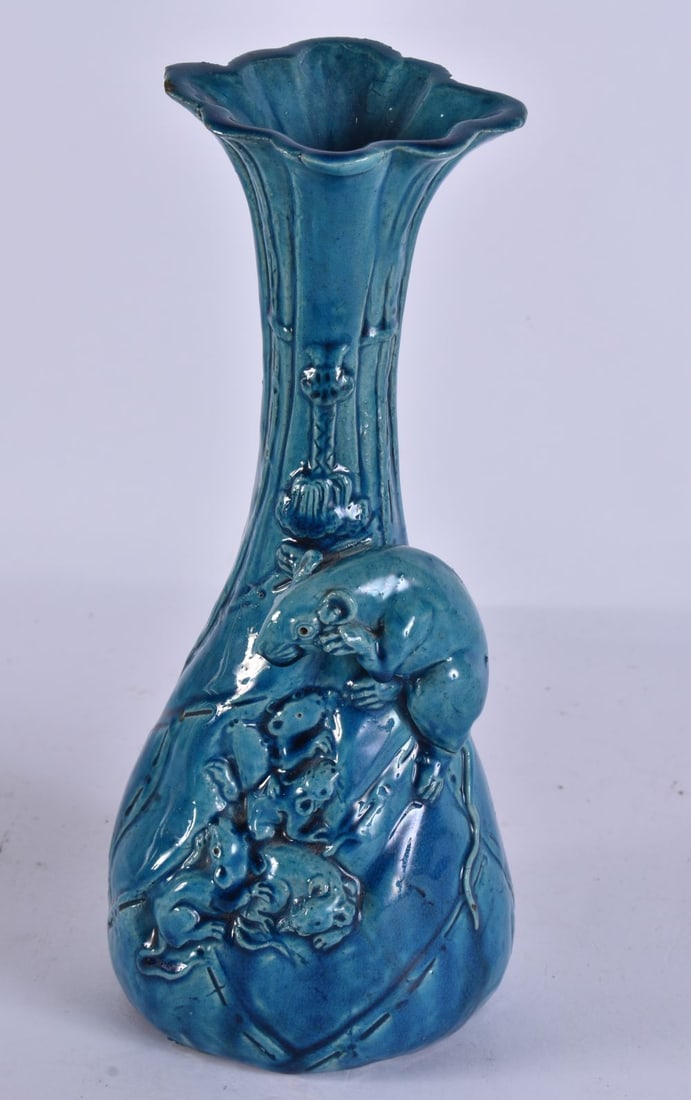 A 19TH CENTURY TURQUOISE GLAZED JAPANESQUE POTTERY RAT VASE. 26 cm high. (1 of 6)