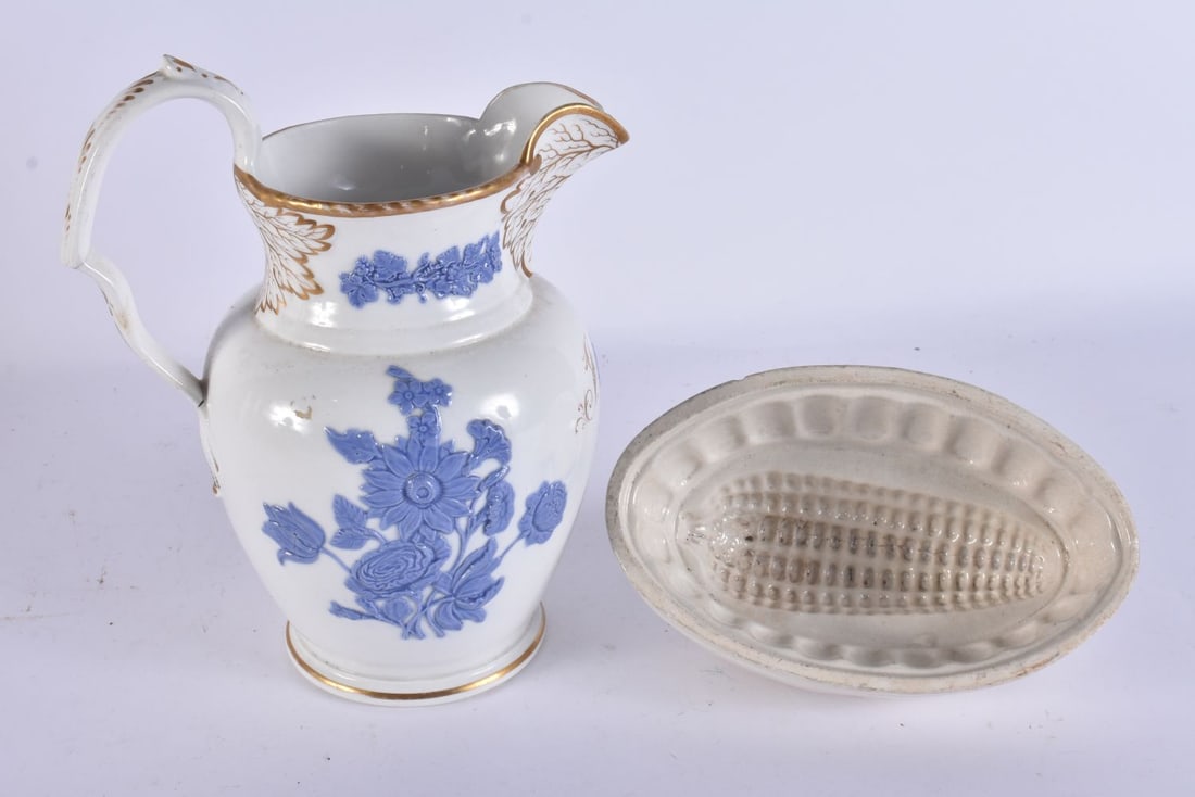 AN EARLY 19TH CENTURY ENGLISH LAVENDER GLAZED PORCELAIN JUG together with an unusual antique sweetco (1 of 8)