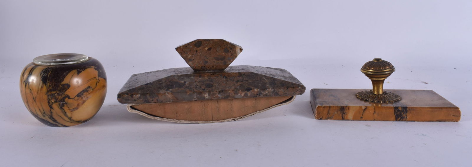 TWO 19TH CENTURY GRAND TOUR CARVED MARBLE DESK WEIGHTS together with a similar sienna marble inkwell (1 of 4)
