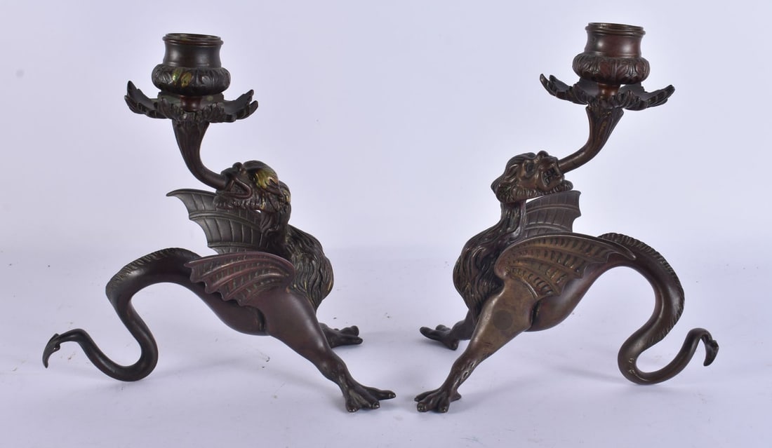A PAIR OF 19TH CENTURY EUROPEAN BRONZE MYTHICAL BEAST CANDLESTICKS. 21 cm x 15 cm. (1 of 7)